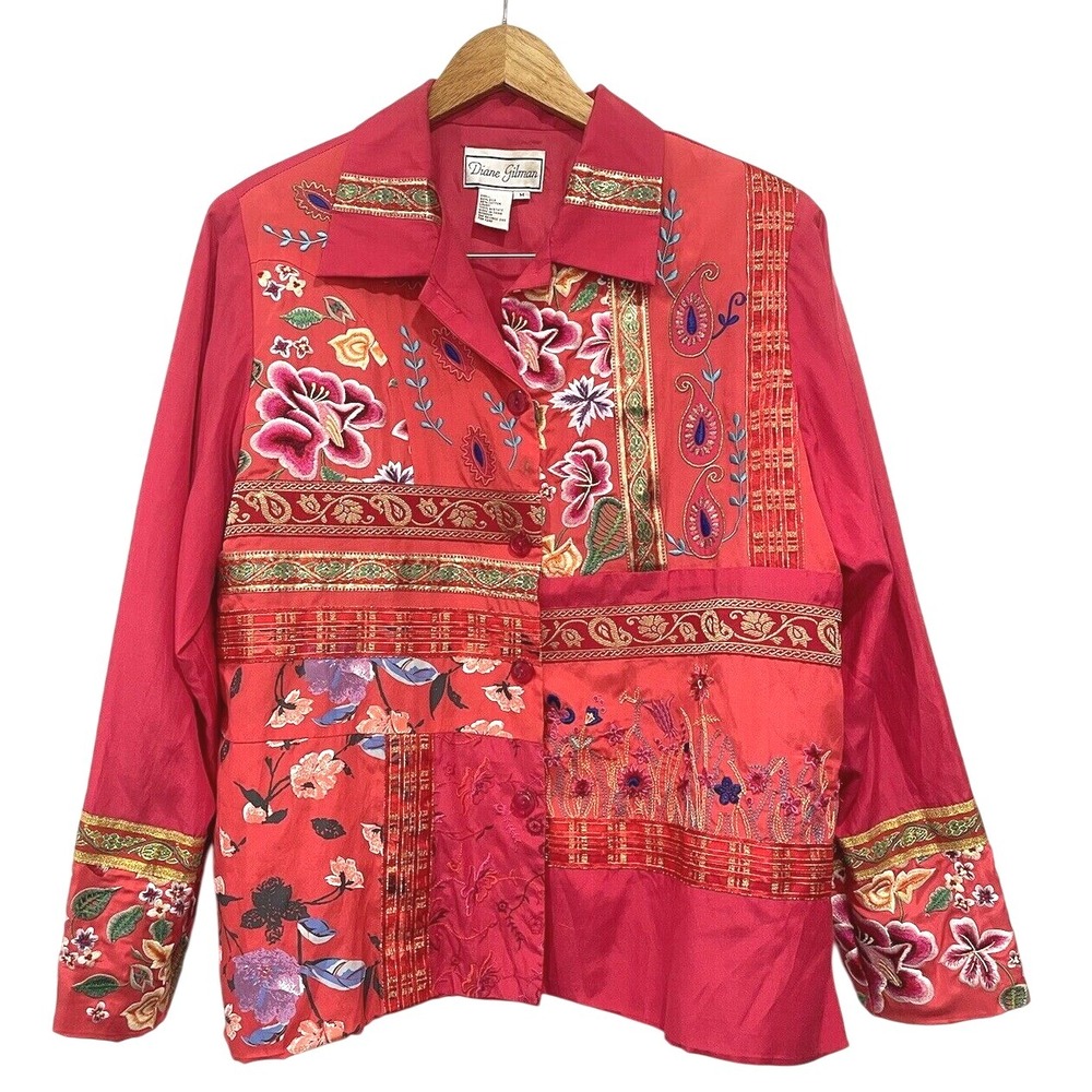 Diane Gilman Silk Floral‎ Tunic Jacket Embroidered Embellished Pink Size M